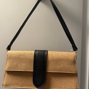 Moda Luxe Black and Natural Raffia Clutch with short Strap, NWT